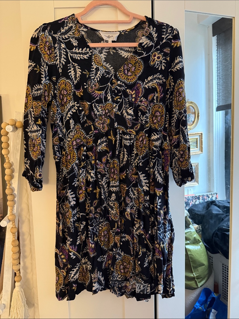 Ba & sh Boho Floral V-Neck Midi Dress - Black/Gold Sz 0